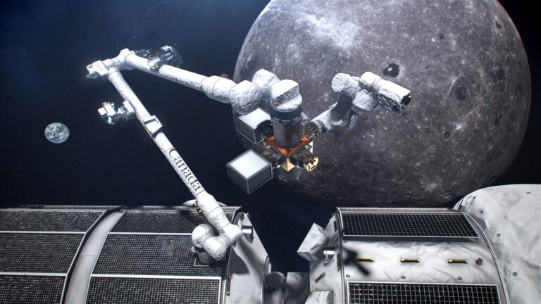 En konstnärs illustration av Canadarm3, Kanadas robotsystem, beläget på utsidan av Gateway, en liten rymdstation i omloppsbana runt månen. Foto: Canadian Space Agency, NASA