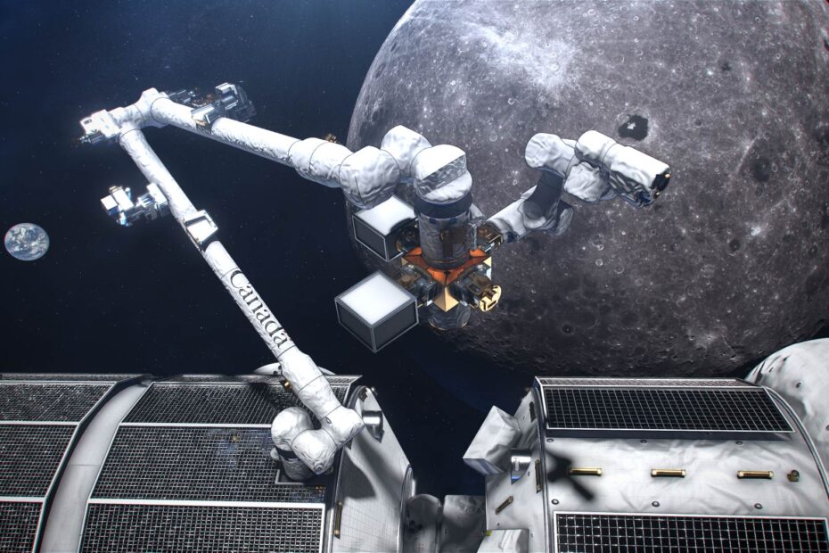 En konstnärs illustration av Canadarm3, Kanadas robotsystem, beläget på utsidan av Gateway, en liten rymdstation i omloppsbana runt månen. Foto: Canadian Space Agency, NASA