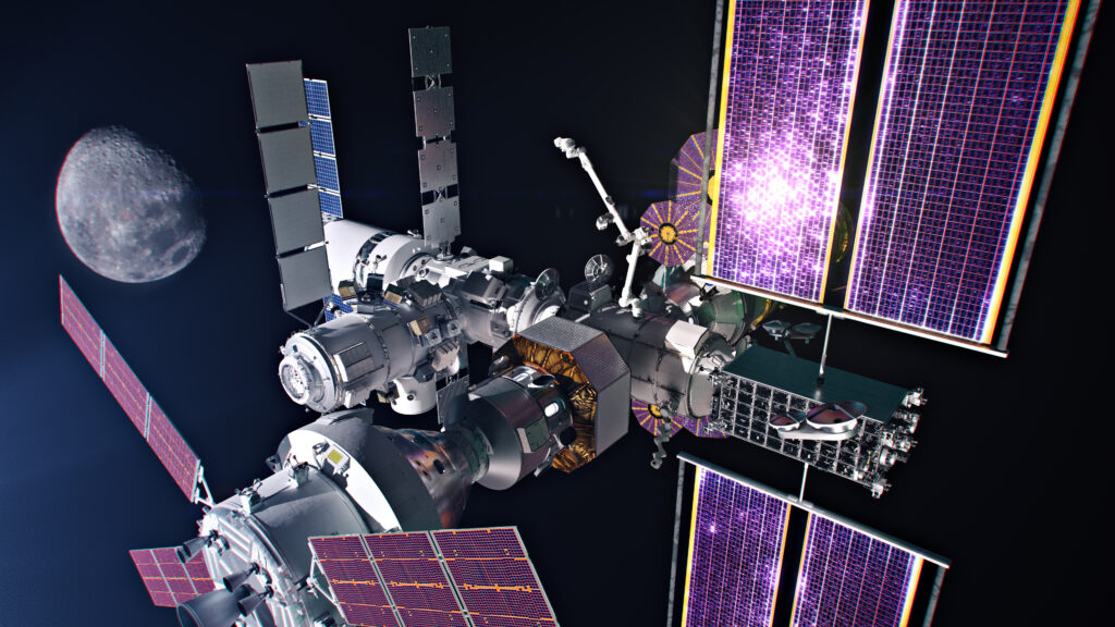 En konstnärs illustration av Lunar Gateway, en liten rymdstation i omloppsbana runt månen, som kommer att utvecklas, underhållas och användas i samarbete med internationella och kommersiella partners, och där det robotiska systemet Canadarm3 kan utföra uppgifter och vetenskapliga experiment när inga människor är ombord. Foto: Canadian Space Agency