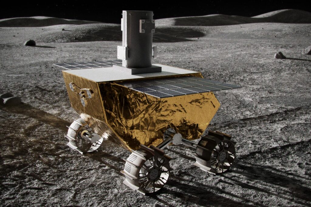 Konstnärens avbildning av Lunar Vertex-rovern på månens yta; rovern är cirka 35 centimeter hög och cylindern på toppen är masten för den APL-byggda magnetometern. Foto: Johns Hopkins APL/Lunar Outpost/Ben Smith