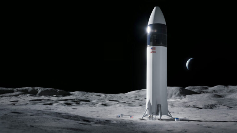 Konceptbild av SpaceX rymdfarkosten Starship Human Landing System (HLS) för Artemis III-uppdraget. Bild: SpaceX